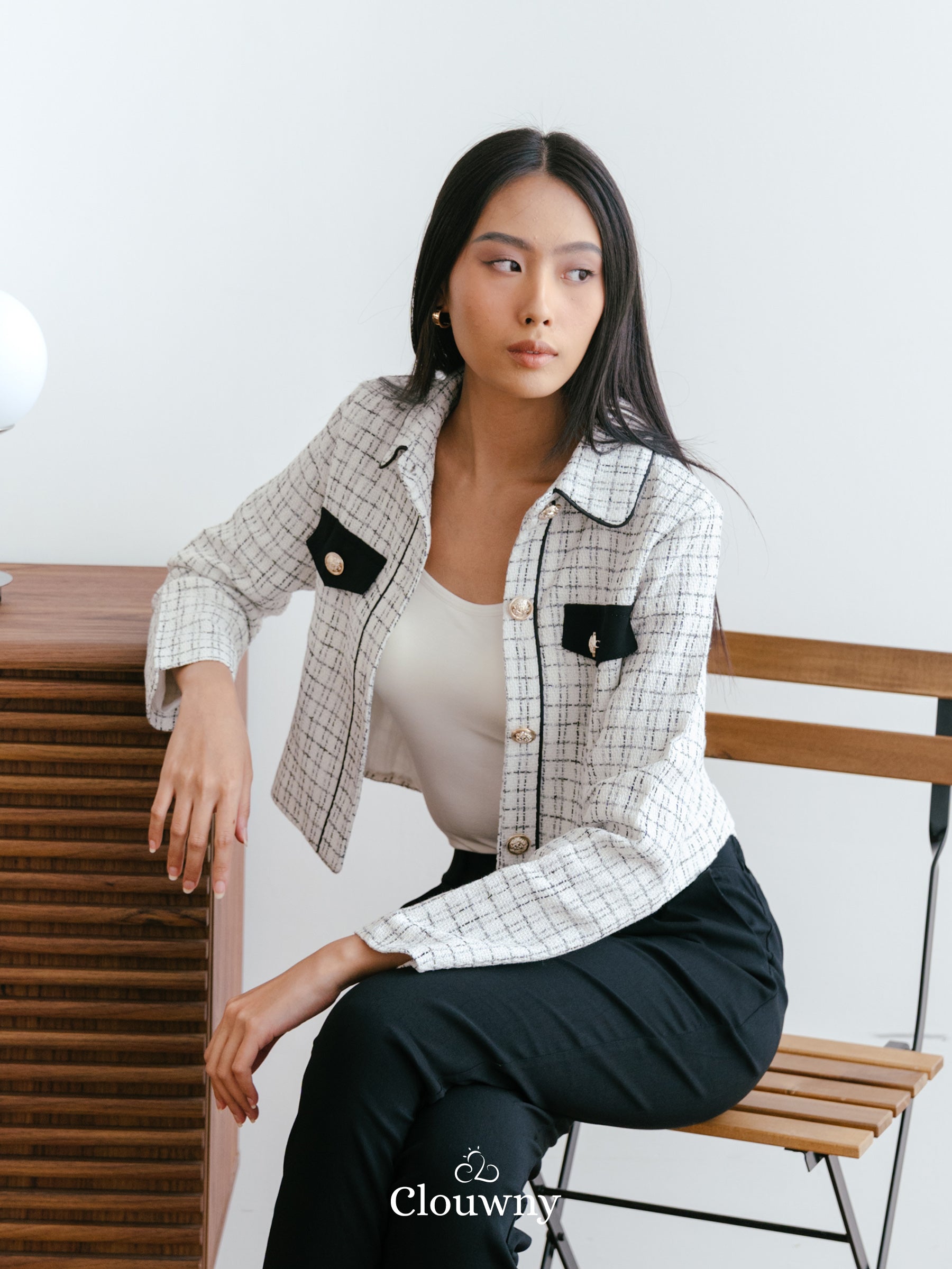 Nira Long Tweed Blazer - White
